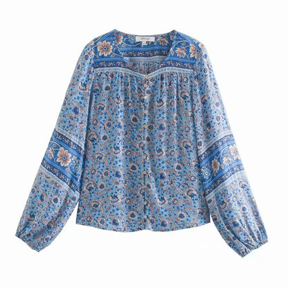 lovwvol Long Sleeve Women Blouses Shirt Women Vintage V Neck Blue Floral Print Autumn Coverup Casual Boho Beach Blouse Tops 2024