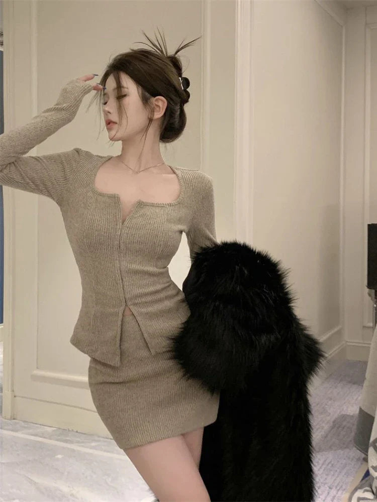 lovwvol Sexy 2 Piece Dress Set Elegan Casual Long Sleeve Knitted Suits Y2k Crop Tops + Bodycon High Waist Mini Skirt Korean  Autumn