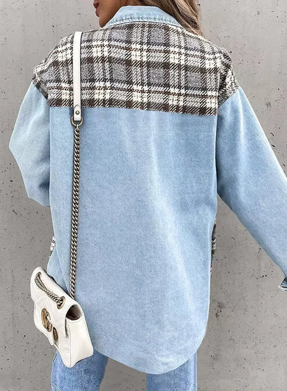 lovwvol  -  New Autumn Women Button Coat Spring Irregular Tops Outwear Mujer Vintage Fashion Plaid Print Patchwork Denim Jacket Elegant