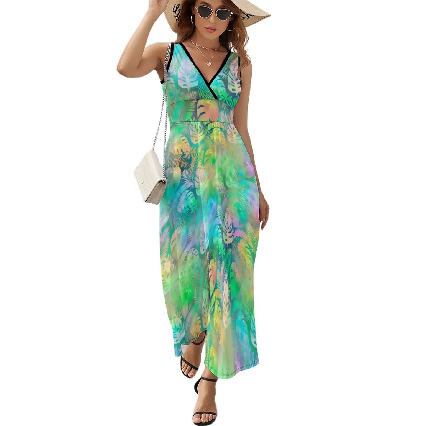 lovwvol Tropical Print Dress Female Orange Flowers Vintage Maxi Dress V Neck High Waist Aesthetic Design Boho Beach Long Dresses