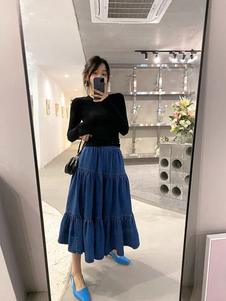 lovwvol  Denim Long Skirt Half Cake Umbrella Skirts for Woman Mid-length Elastic High Waist Dress Korean Fashion Y2k Clothing