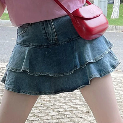 lovwvol Summer New Women Kpop High Waist Sweet Y2k Denim Ball Gown Skirts Female Kawaii Punk Mini Dress Girls Aesthetic Blue Jean Skirts