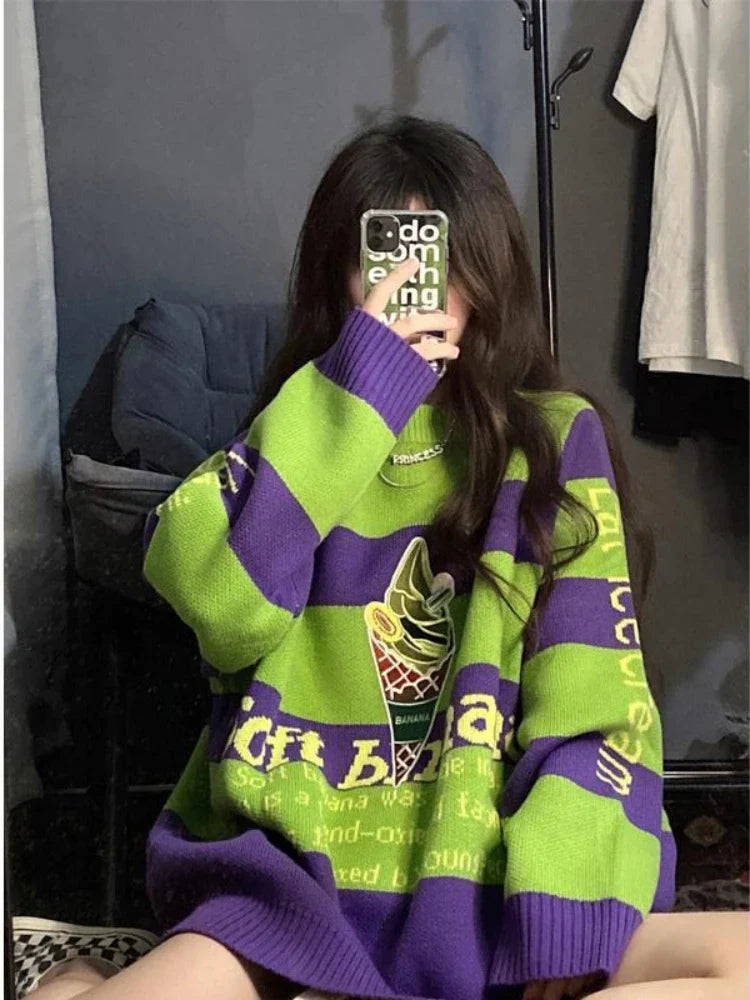 Vintage Green Striped Oversized Sweater Women Harajuku Retro Knitted Jumper Loose Casual All-match Top Y2K Clothes Goth