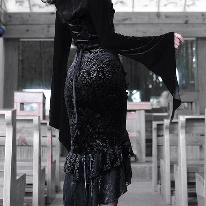 Vintage Mall Gothic Ruffles Mermaid Skirts Grunge Punk Aesthetic Lace Hem Midi Skirt Women Elegant Evening Alt Bottoms