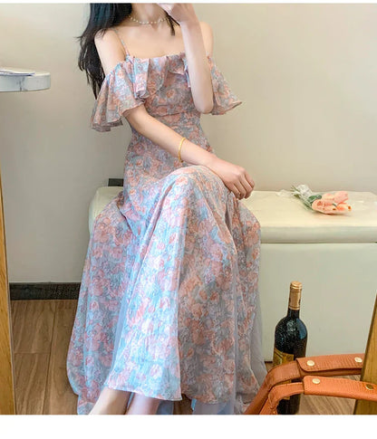 lovwvol Summer Elegant Chiffon Floral Strap Dress Women's Mesh Stitching Strapless Mixi Dress Holiday Ladies  Female Robe