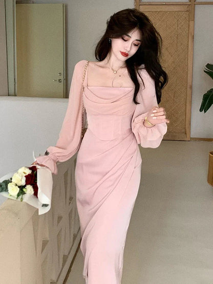 Solid Elegant Fairy Dresses Women Casual Party Fashion Korean One Piece Dress Female Lace Vintage Chic Midi Dresses