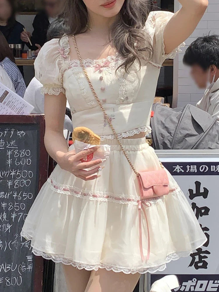 lovwvol Japanese Lace Sweet Two Piece Set Women Chiffon Elegant Party Mini Skirt Suit Female Puff Sleeve Blouse + Kawaii Lolita Skirt