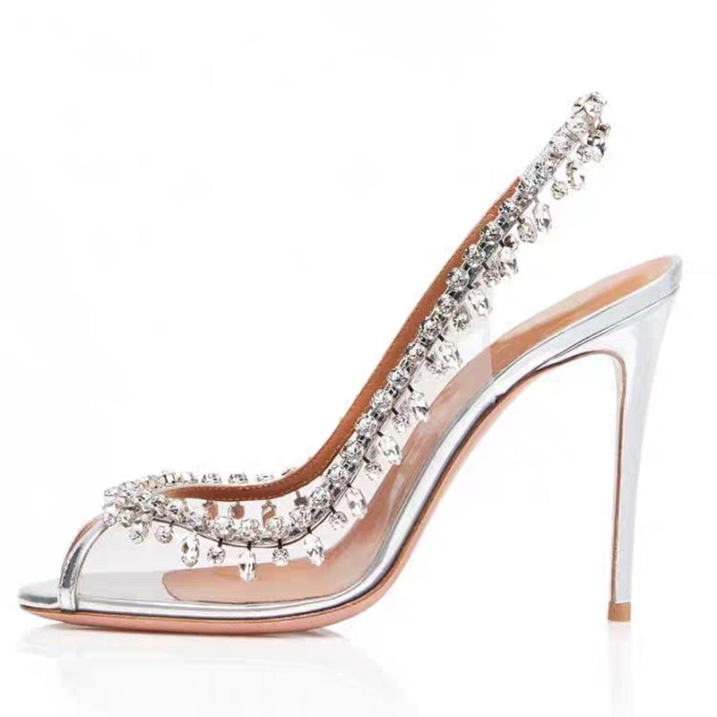 European and American women's new fish mouth high heels transparent rhinestone stilettos fashion banquet shoes