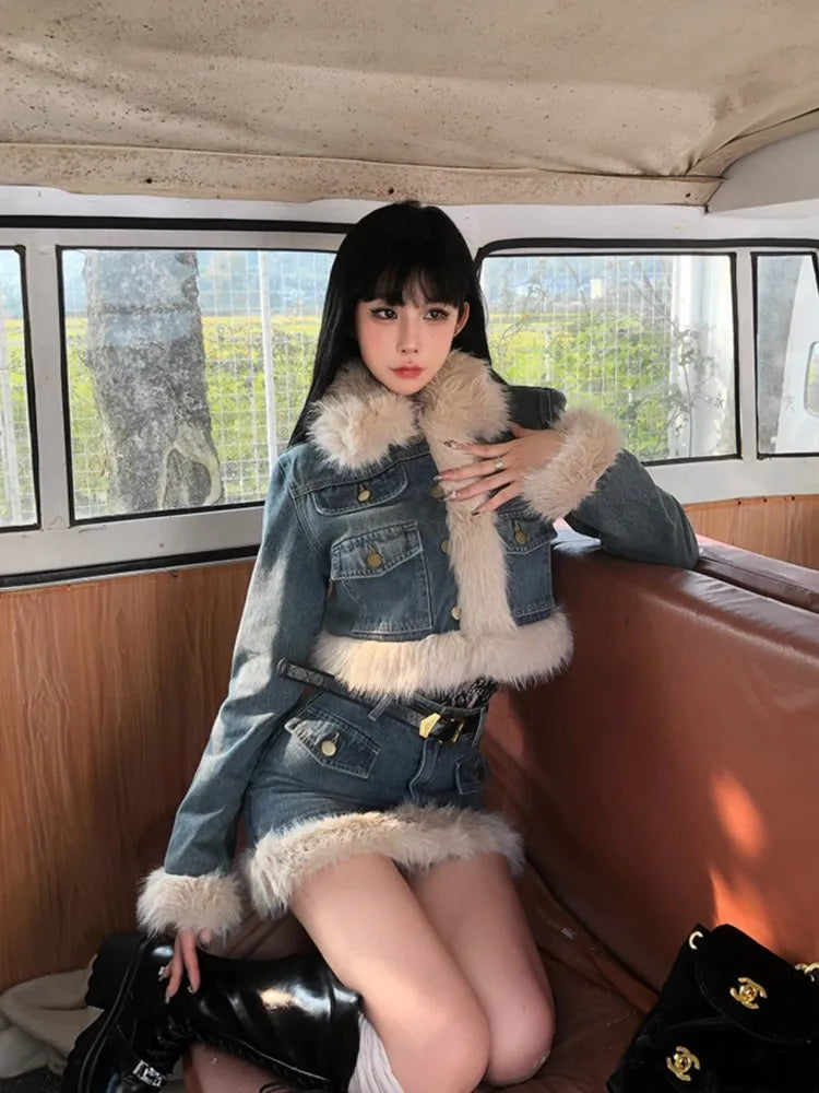 lovwvol Blue Denim Faux Fur Short Skirt Suit for Women Autumn Winter New Fashion 2-piece Set Fur Brim Style Jacket Tops+Mini Skirts