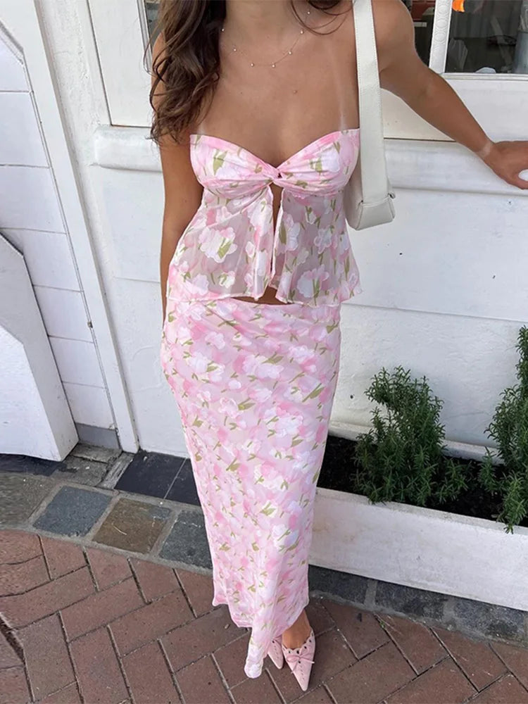 lovwvol Women 2024 Summer Tube Tops Long Skirts Party Beach Vacation Outfit Two Piece Matching Sets Wholesale Items For Business