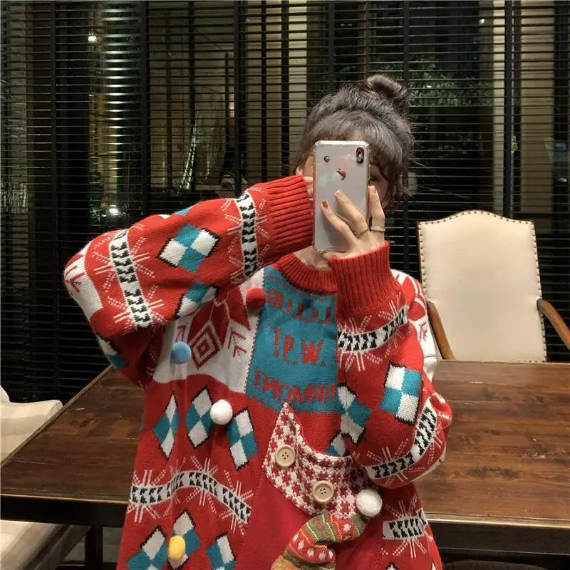 lovwvol  Autumn Sweet Knitted Tops Red Age Reduction Pullover Loose Lazy Contrasting Colors Winter Clothes Women Fashion Sweater