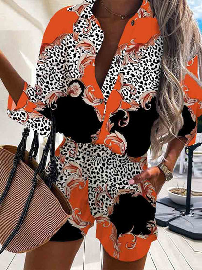 lovwvol New Elegant Print Two Piece Sets Women Summer Spring Turn-Down Collar Shirt Tops+ Shorts Woman Sets Casual Long Sleeve Shirts