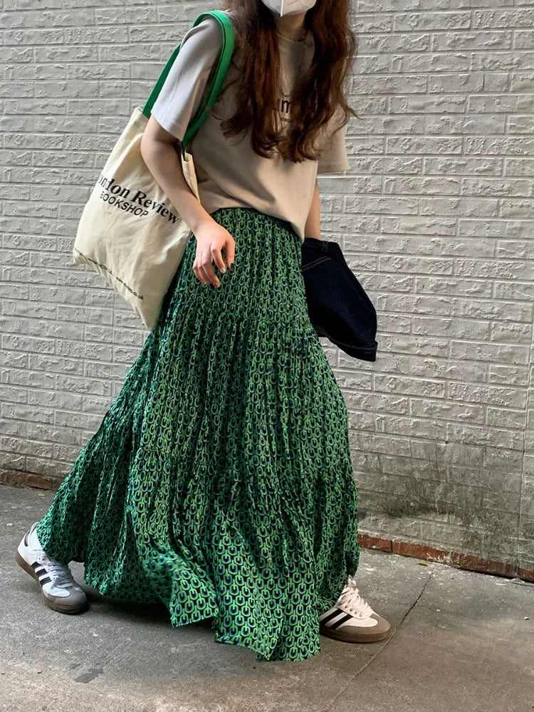 lovwvol Green Floral Skirts for Women New Style Elastic Waist Skirt Fold Design Long Dress Vintage Fashion Faldas Para Mujeres