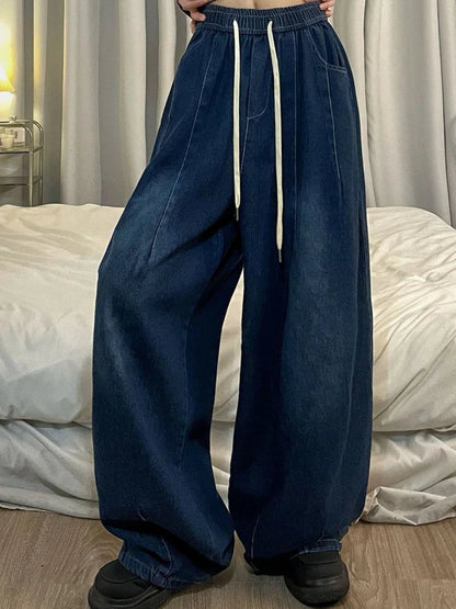 lovwvol Women Vintage Baggy Jeans Y2K Elastic High Waist Oversized Streetwear Trouser Denim Wide Leg Straight Basic Pants Spring