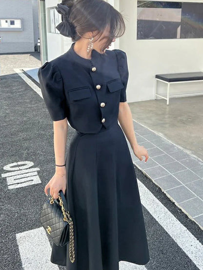 Fashion Korean Sweet Elegant 2 Piece Set Spring Summer Office Lady Skirt Suits Ruffles Polo Collar Knee-length Dresses for Women