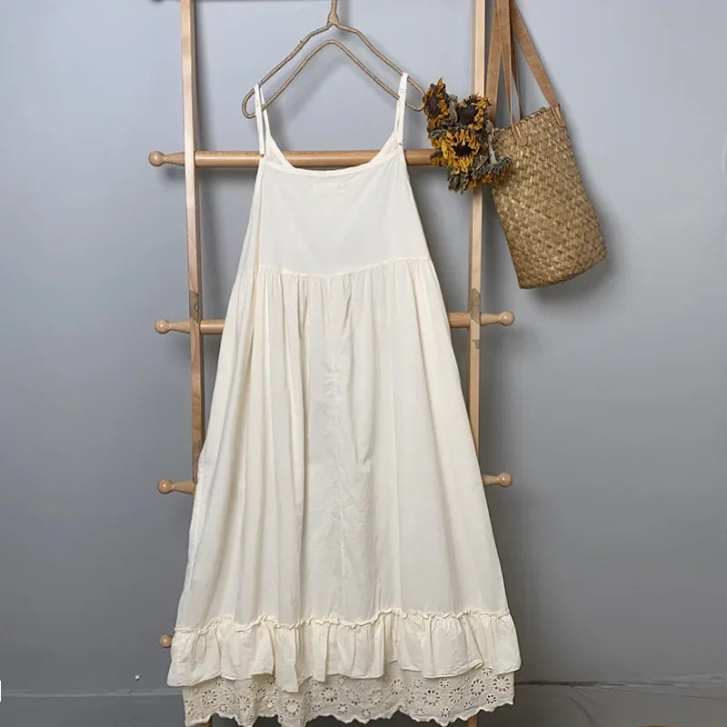 Summer Cotton Spaghetti Straps Sleeveless Midi Dress Mori Girl Elegant Vintage Edwardian Lace Layered Flare White Sun Dress