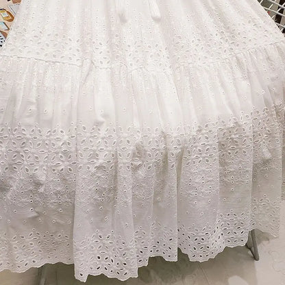 lovwvol Hollow Out Embroidery Cotton Lace Skirts for Women Vintage High Waist Ruffles Long Skirt Casual A-line Boho Falda Summer