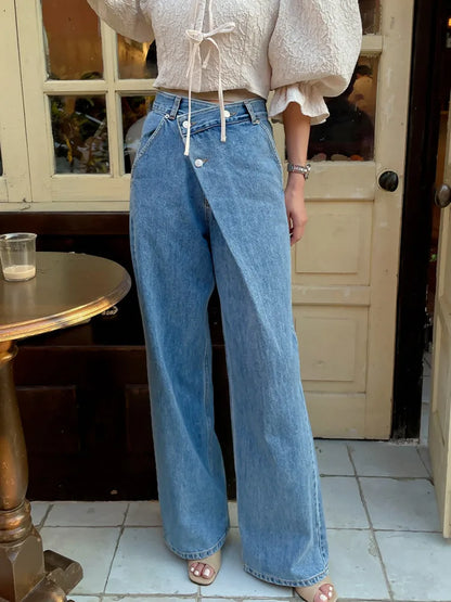 lovwvol  -  Y2K Fashion Incline Buckle Washed Blue Baggy Jeans Pants For Women Clothes Straight Korean Casual Denim Trousers Ropa Mujer