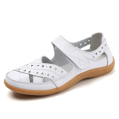 Female Women Mother Genuine Leather Hollow White Shoes Sandals Flats Loafers Summer Cool Beach Plus Size 41 42