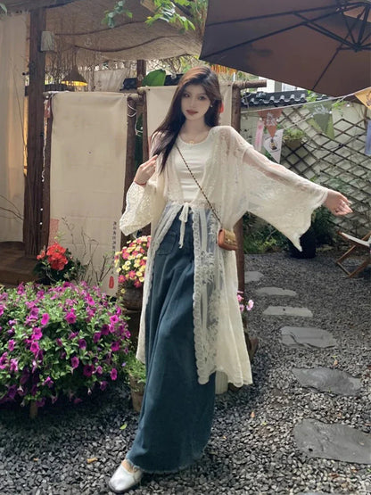 lovwvol Wave Trim Sheer Lace Cardigan Women Embroidery Open Front Bandage Casual Long Sleeves Sunscreen Jacket Summer Clothes