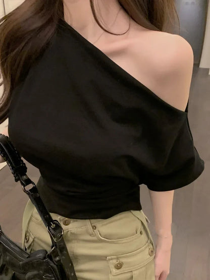 lovwvol Skinny Sexy White Y2k Crop Top Women Off Shoulder Spring T-shirt Korean Style Black Blouse Tees  Summer Fashion Clothing