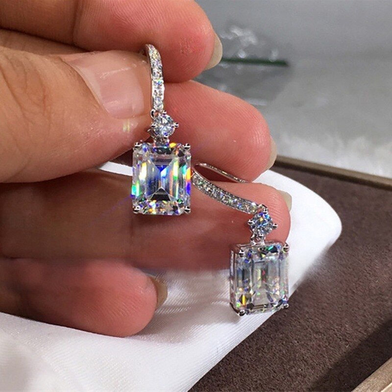 Exquisite Fashion Square Zircon Dangle Earrings for Women Elegant Silver Color Inlaid Stones Wedding Earrings Jewelry