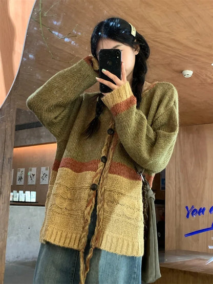 lovwvol  -  Women Knitwear Loose V-neck Contrast Color Patchwork Sweaters Harajuku Grunge Jumpers Streetwear Fashion Cardigans Y2k Aesthetic