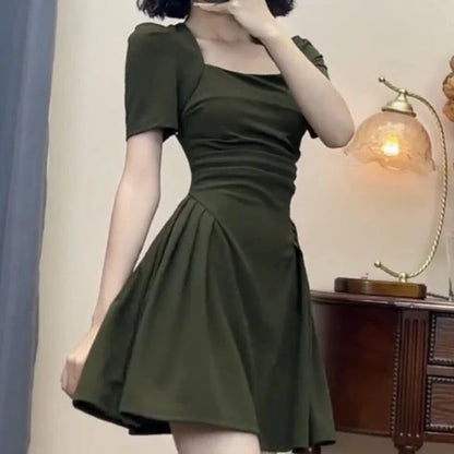 lovwvol   Vintage Women Mini Dress Elegant Korean Folds Female Dresses Spring All Match High Waist Ball Gown A Line Dress New