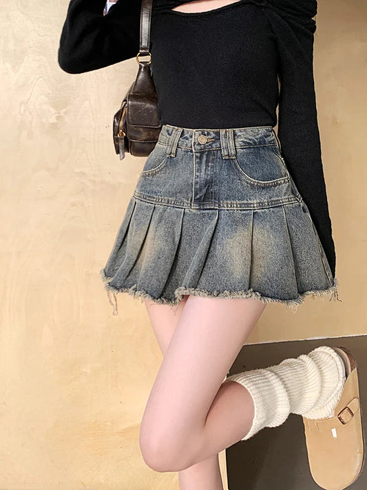 lovwvol Women's Y2k Vintage A-line Denim Skirts Streetwear High Waisted Girls 90s Washed Raw Hem Pleated Mini Skirts 2024 New