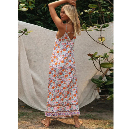 lovwvol Sleeveless Strap Dress  Vintage Floral Print Backless Sexy summer dress Vestidos Beach Casual Women Slip Dresses