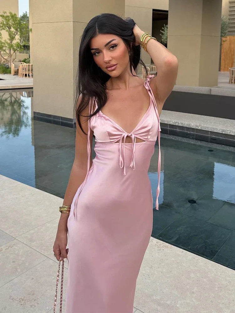 lovwvol Sexy Pink Hollow Out Women Sling Maxi Dress Fashion V-neck Sleeveless Backless Slim Satin Dresses Summer Lady Party Club Robes