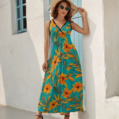 lovwvol Tropical Print Dress Female Orange Flowers Vintage Maxi Dress V Neck High Waist Aesthetic Design Boho Beach Long Dresses