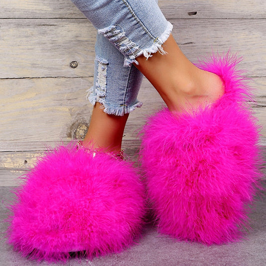 Slippers Woman Ostrich Fur Women Shoes Flat Slipper Women's Flip Flops Brand Ladies Sandals Female Flipflop Luxury Sandal