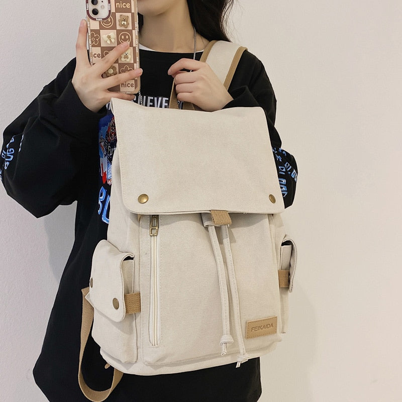 Lovwvol Women's Fashion Beige Canvas Backpack Men's Contrast Travel Bag College Girl's Schoolbag Laptop Bag Student Mochila New
