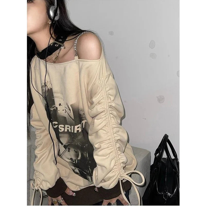 lovwvol Vintage Sweatshirt Y2k Aesthetic Off The Shoulder Harajuku Hip Hop Grunge Pullover Choker Graphic Hoodies Oversized