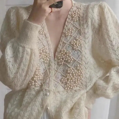 lovwvol New Autumn Pearls Embroidery Cardigans Vintage V Neck Long Sleeve Oversize Gentle Cardigan Sweet Hollow Out Sweater