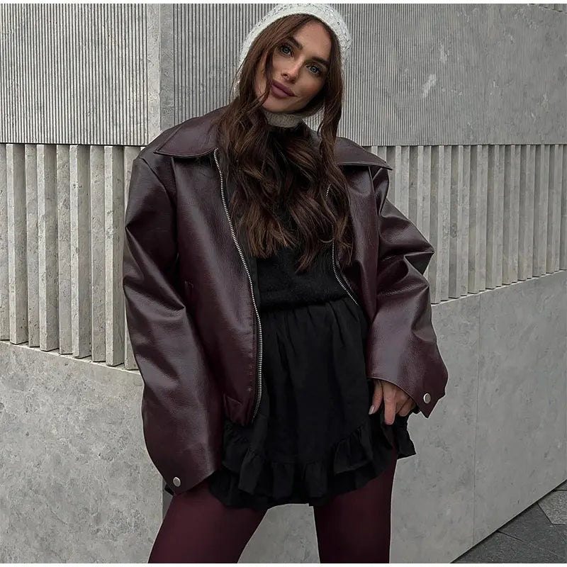 lovwvol Vintage Lapel Zippers Spliced Leather Jacket Women Overtised Long Sleeve Double Pockets Coat Female  Autumn Street Outerwear