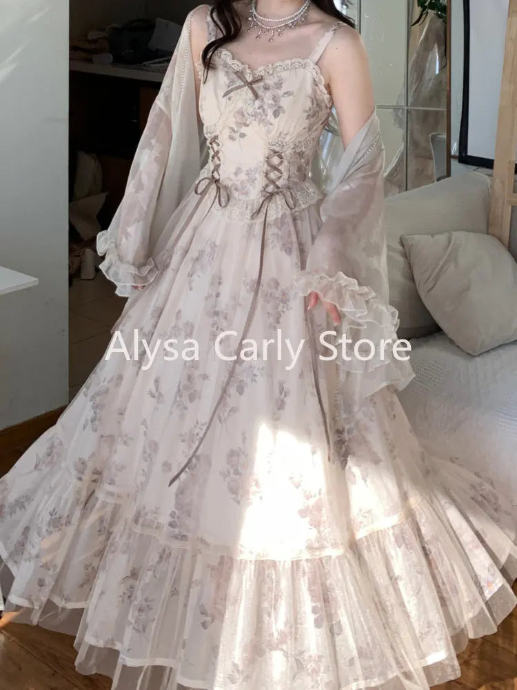 lovwvol Vintage Elegant Floral Dress Women Sweet Ruffles Mesh Fairy Strap Dress Female 2023 Summer Court Retro Evening Party Dress Sexy