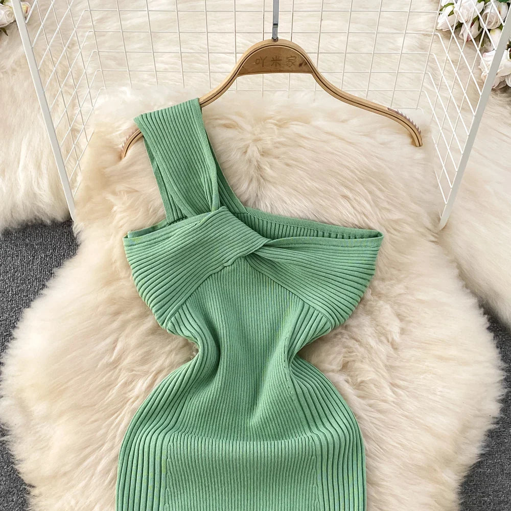 Chic One Shoulder Solid  Sleeveless Knit  Dress Slim High Waist Evening Party Diagonal Collar Dress Women Summer