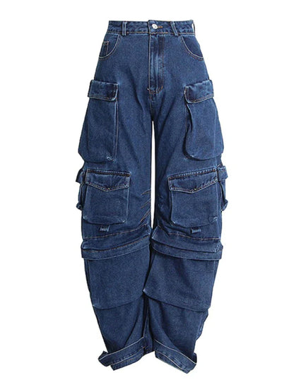 lovwvol New American Multi-pocket Overalls Female Y2K Fashion Trend High Street Retro Heavy Industry Loose Casual Wide-leg Jeans