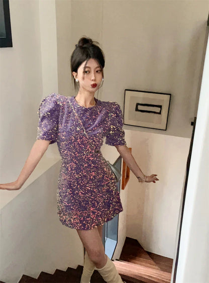 lovwvol Purple Round Neck Puff Sleeved Dress Female Vestidos Summer Temperament Waist Skirt Beautiful Sequin Dress for Women