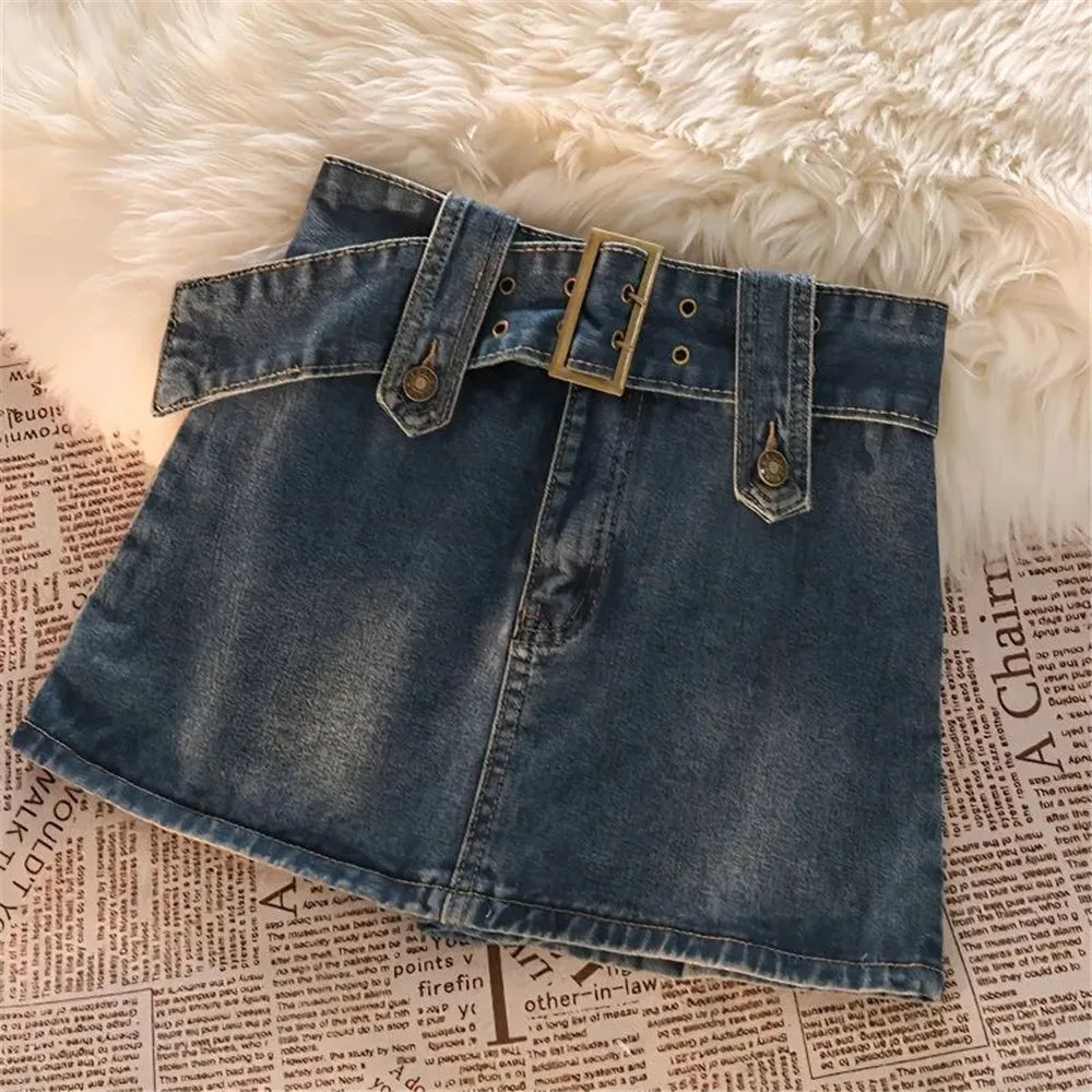 lovwvol  -  Denim Mini Skirts Vintage Women Summer Y2K Solid Belt Sexy Jeans Skirts Female Casual Ball Gown Korean Slim A Line Street Skirts