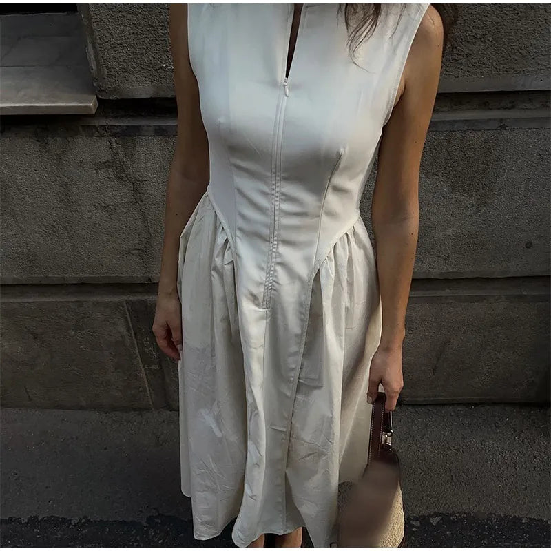 lovwvol Women Elegant Solid Midi A-line Dress Chic Slim O-neck Sleeveless Pleated Hem Dresses 2024 Summer Office Lady Commuting Robes