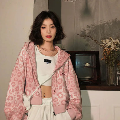 Preppy Style Pink Sweatshirts Leopard Print Y2K Harajuku Oversized Hoodies Women Vintage Zipper Cropped Top Cute Jacket