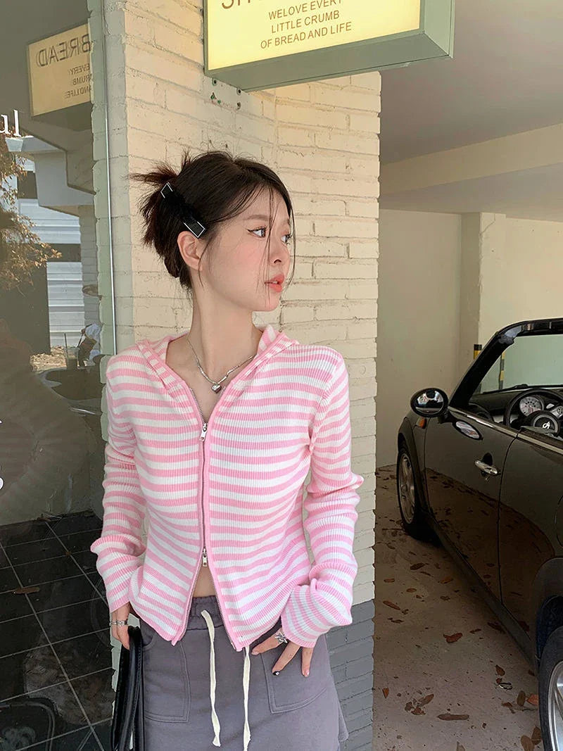 Pink Striped Vintage Y2k Aesthetic Women Cardigan Japanese Knitted Sweater Crop Coat Female Hooded Double Zipper Kardigany