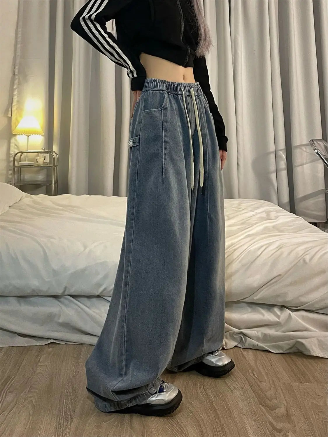 lovwvol Women Vintage Baggy Jeans Y2K Elastic High Waist Oversized Streetwear Trouser Denim Wide Leg Straight Basic Pants Spring