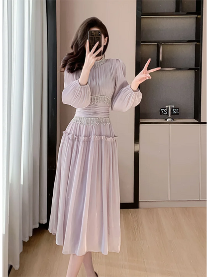 French Women Designer Fashion Organza Stand Collar Party Dress Luxury Spring Diamonds Tassel Ruffles Puff Sleeve Slim Midi Dress