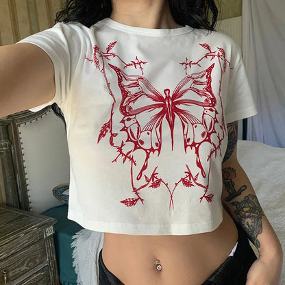 lovwvol Y2k Aesthetic clothing butterfly print Vintage round neck short sleeve t-shirts women summer streetwear baby tee y2k harajuku