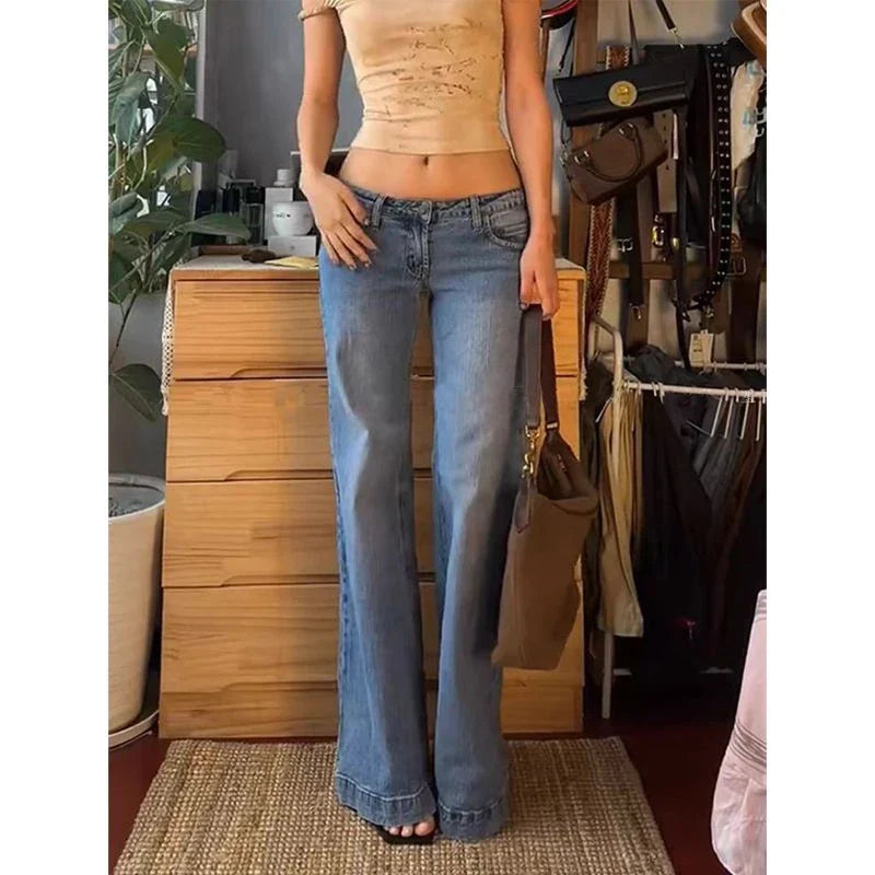 lovwvol Women's Retro Washed Low Waisted Flared Jeans Summer New Chic Casual Wide-leg Pants Female Sexy Denim Bell-bottoms Trousers