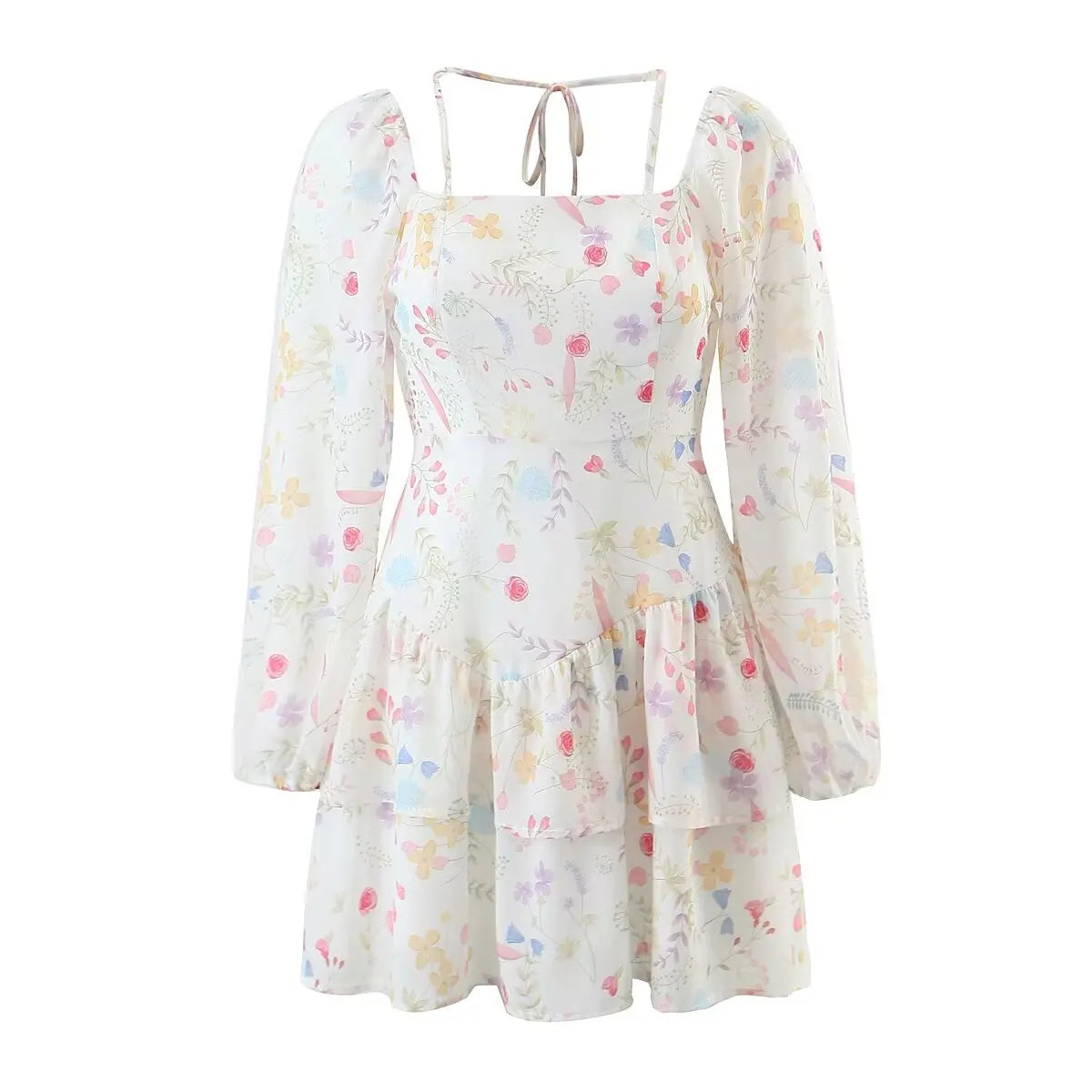 lovwvol Spring 2024 Sweet Women Floral Print Chiffon Dresses Long Sleeve Square Neck Female Holiday Party Mini Dress Summer Robe